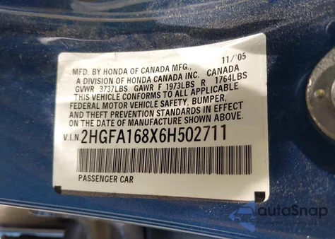 2006 Honda Civic Ex from USA, damaged, VIN 2HGFA168X6H502711